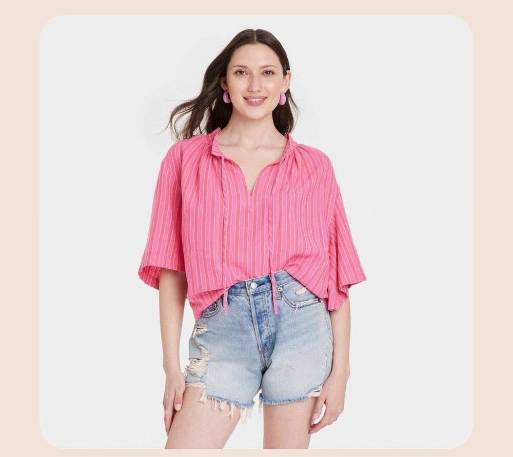 Women's Flowy Elbow Sleeve Popover Blouse - Universal Thread™ Pink Striped S